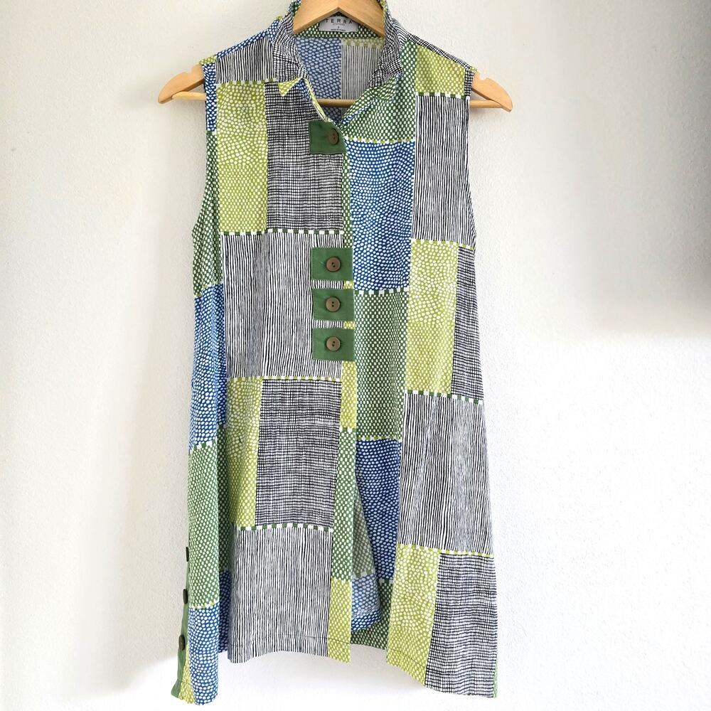 Terra Patch Work Sleeveless Tunic Shirt Gillet Convertible Collar Gray Green S